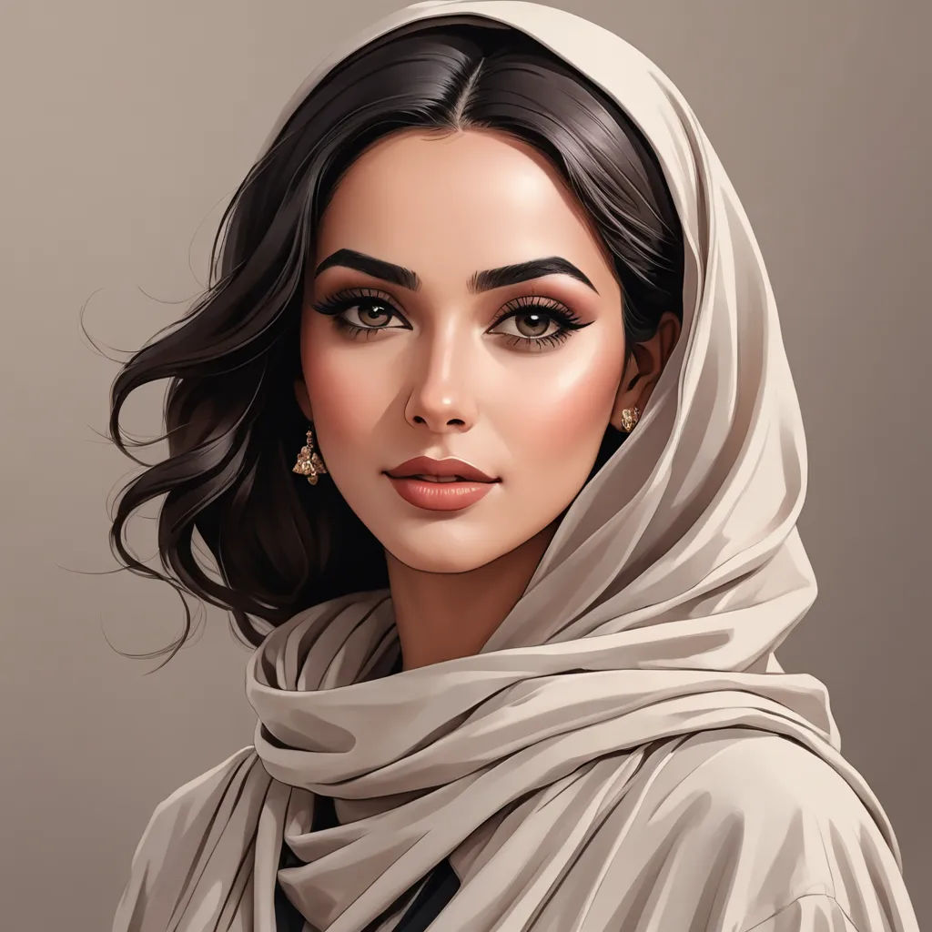 a woman with a scarf on her head and a scarf around her neck, wearing a headscarf, qajar art, a digital painting, Charlie Bowater, highly detailed digital painting