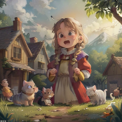 a little girl standing in front of a bunch of cats and kittens in a field with a house in the background