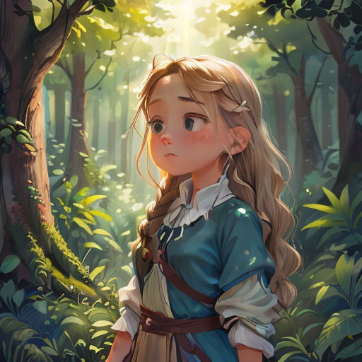 a girl in a forest with a forest background and trees and sunlight shining through the trees, with a long blonde hair, wearing a blue dress