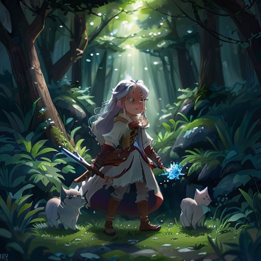 a woman with a sword in a forest with cats and a light shining through the trees behind her,