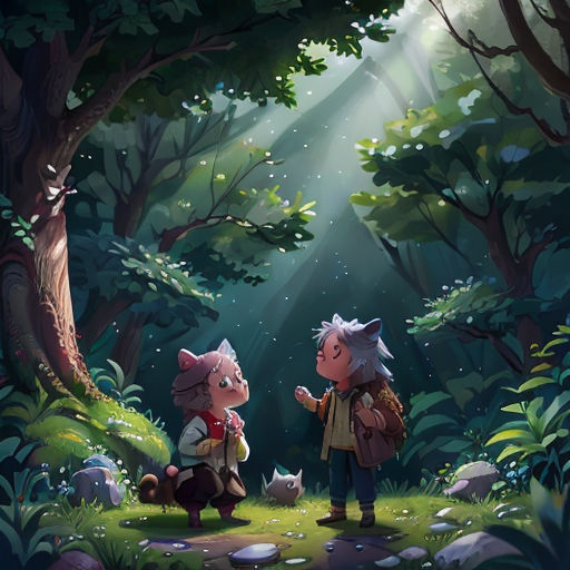 two people standing in the middle of a forest with a cat on their lap and a dog on their lap