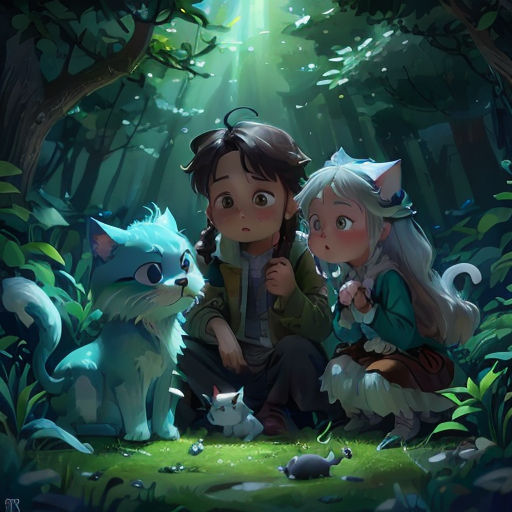 a couple of people sitting next to a cat in a forest with a light shining on them and a cat