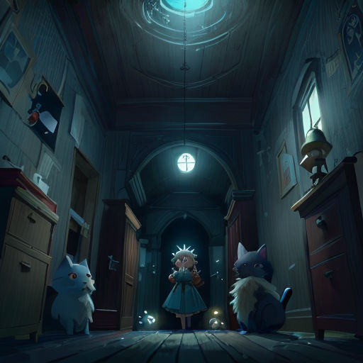 a room with a bunch of animals in it and a person standing in the doorway with a flashlight in their hand