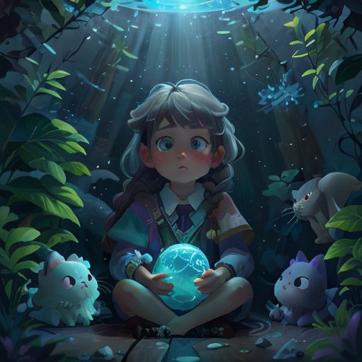 a girl holding a glowing ball in the forest with other animals around her and a light shining above her