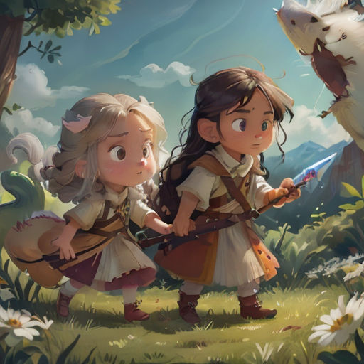 two children are walking through a forest with a dog and a cow behind them, and a wolf is in the background