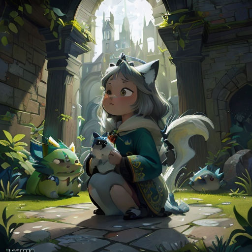 a girl sitting on a rock with a cat and a cat in front of a castle entrance with a cat on her lap