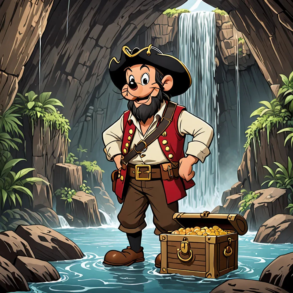 a cartoon pirate with a chest of gold in a cave with a waterfall and waterfall behind him is a waterfall, lyco art, a character portrait, Cliff Childs, promotional image