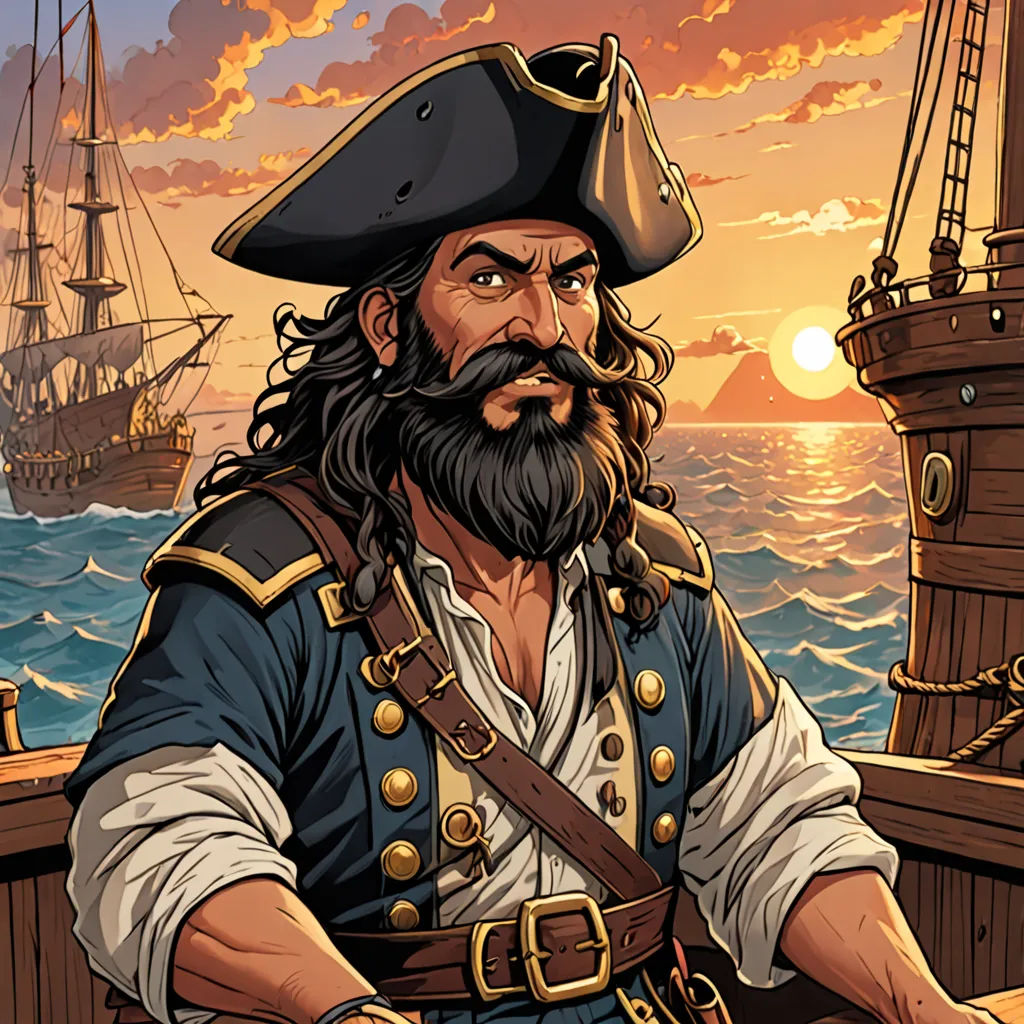 a pirate with a beard and a beard standing on a boat in the ocean with a ship in the background, fantasy art, a character portrait, Diego Gisbert Llorens, character portrait