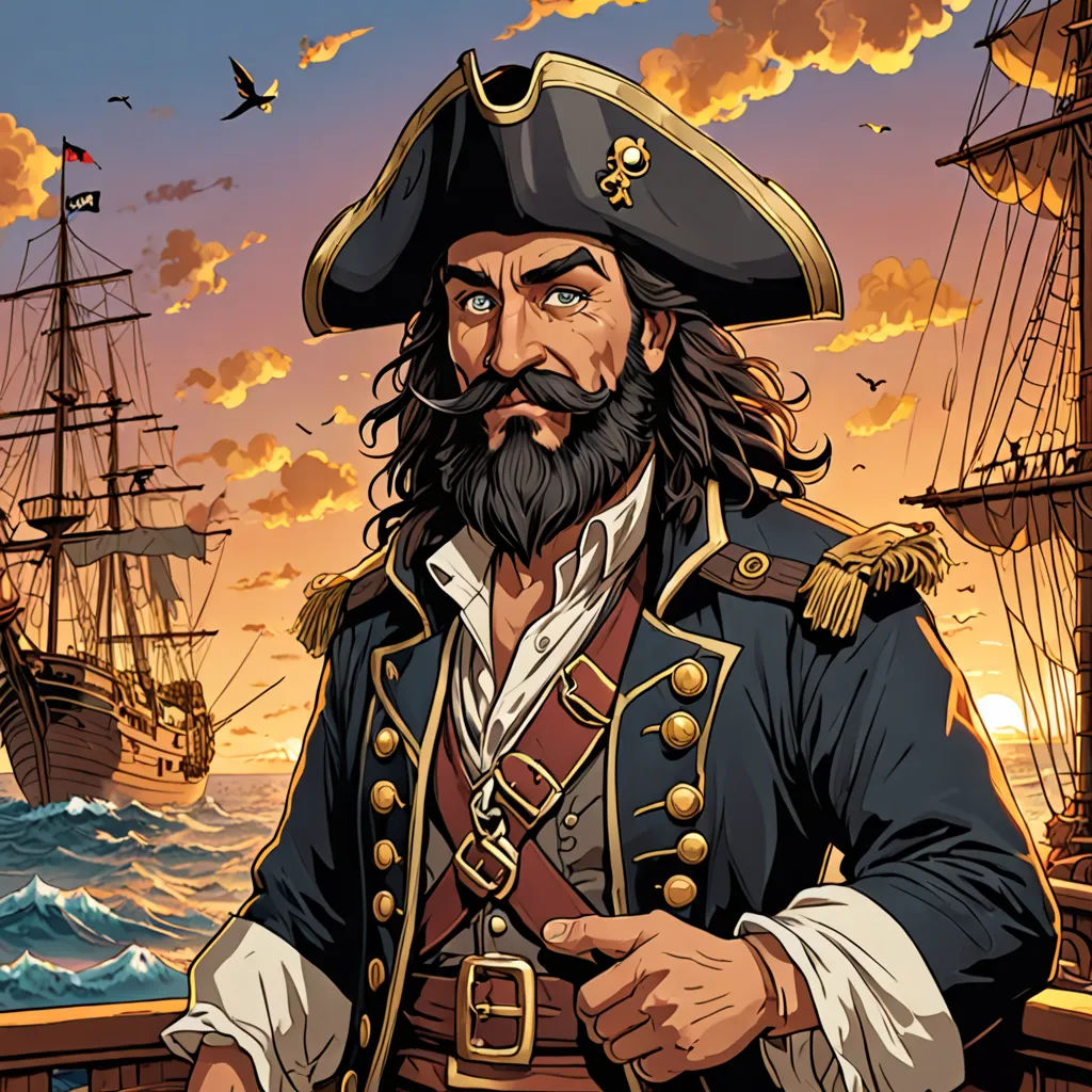 a pirate with a beard and a beard in a pirate suit standing on a ship in the ocean with a sunset behind him, fantasy art, a character portrait, Andrey Esionov, character portrait
