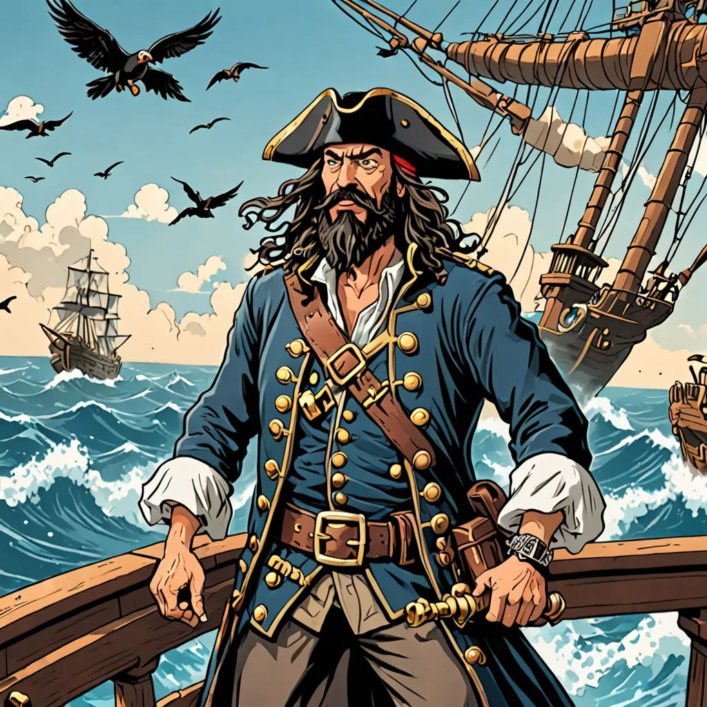 a pirate standing on a boat in the ocean with a bird flying above him and a ship in the background, fantasy art, a character portrait, Diego Gisbert Llorens, promotional image