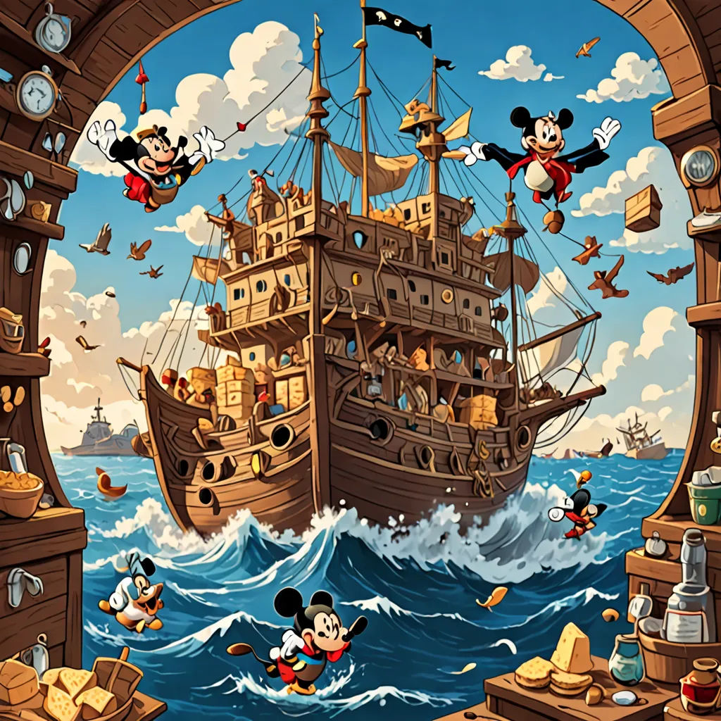 a painting of a pirate ship with mickey mouses on it's sails and a mickey mouse flying over it, fantasy art, a storybook illustration, Carl Barks, highly detailed digital art