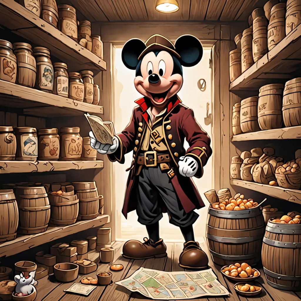 a cartoon mickey mouse standing in a store with a map and a mouse in front of a shelf of barrels, fantasy art, a character portrait, Drew Struzan, promotional image