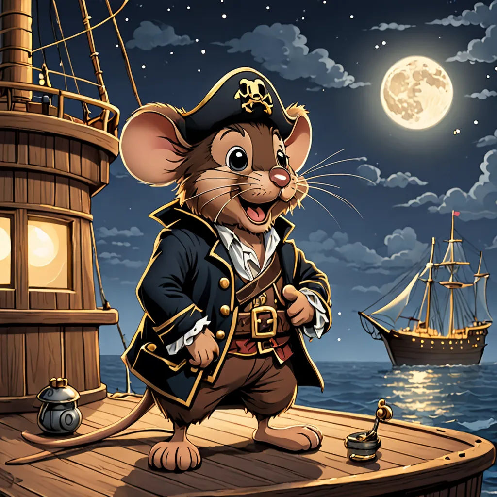 a cartoon mouse on a boat in the ocean at night with a full moon in the background and a ship in the water, fantasy art, a storybook illustration, Cliff Childs, storybook illustration