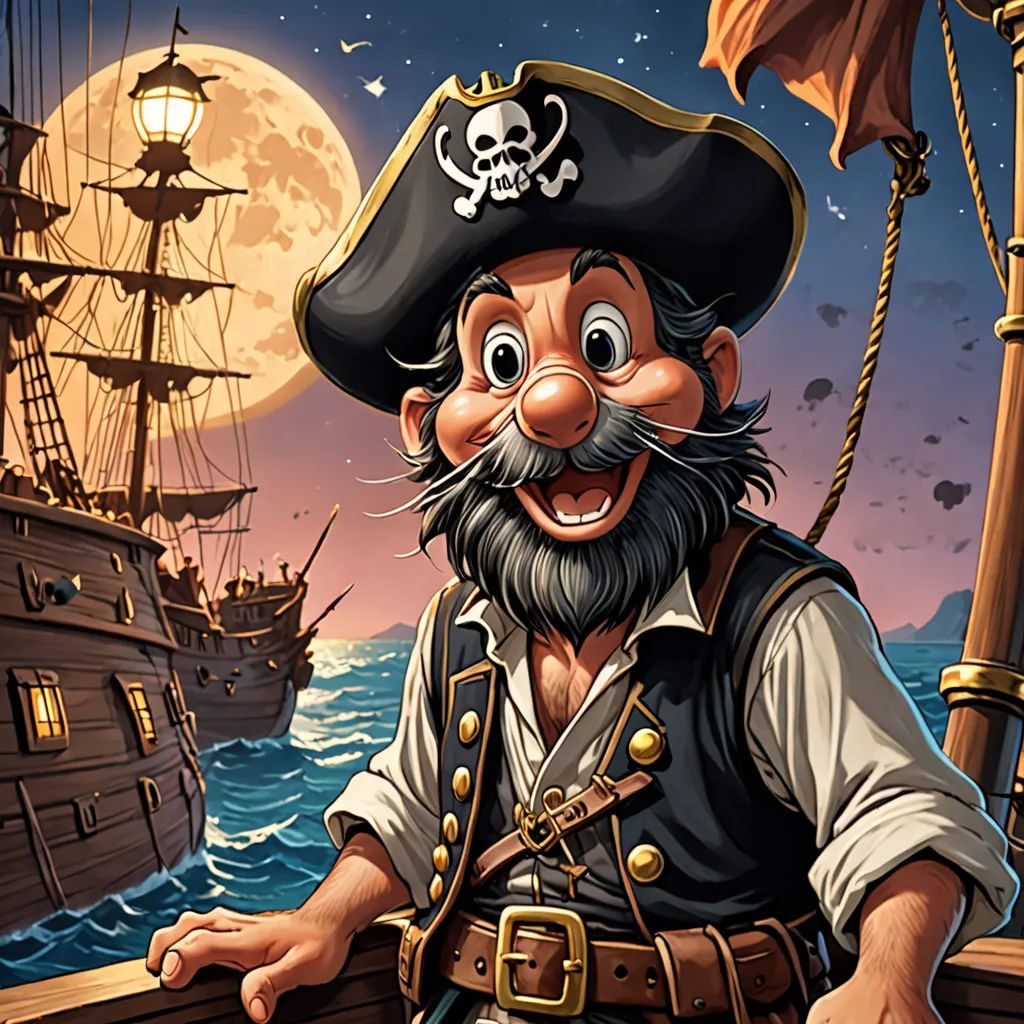 a pirate with a beard and a beard in a boat with a full moon in the background and a full moon in the sky, fantasy art, a character portrait, Altoon Sultan, character portrait