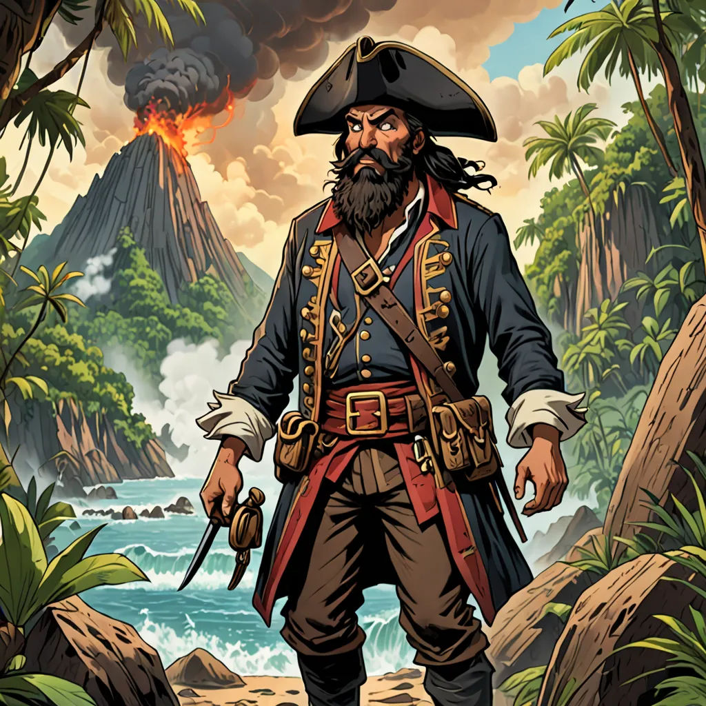 a pirate is standing in the jungle with a sword and a gun in his hand and a volcano in the background, fantasy art, a character portrait, Edward Otho Cresap Ord, II, promotional image