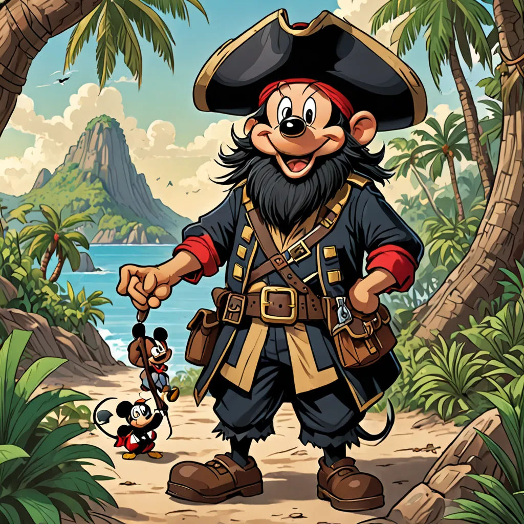 a cartoon pirate with a pirate hat and a pirate tail holding a sword and a pirate's head, les nabis, a character portrait, Cliff Childs, promotional image