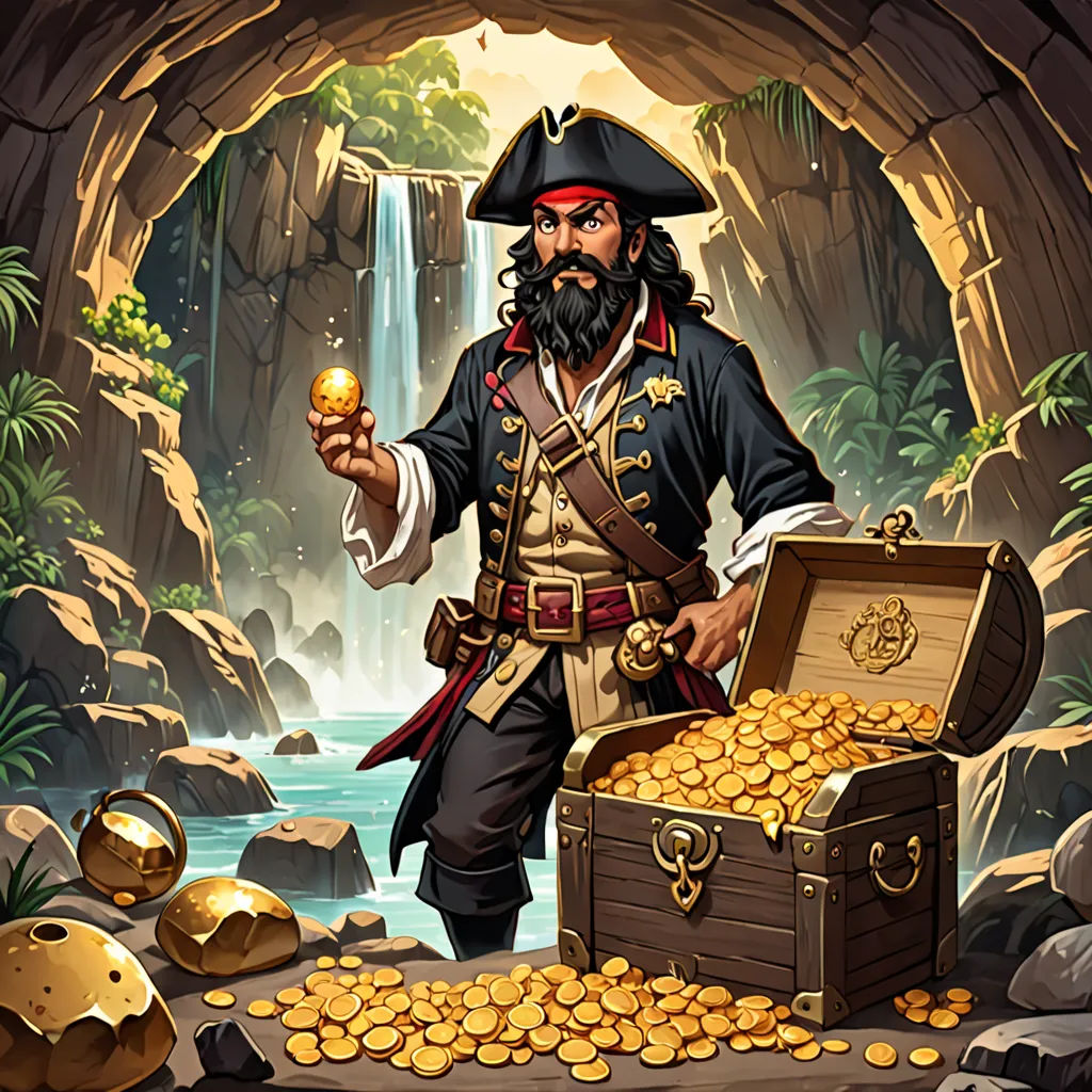 a pirate with a golden coin in his hand and a chest of gold in his hand in front of a waterfall, private press, a character portrait, Alex Horley, game art