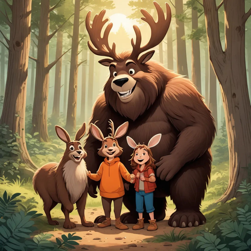 a group of people standing next to a big bear in the forest with two deers on their backs, furry art, a storybook illustration, Diego Gisbert Llorens, promotional image