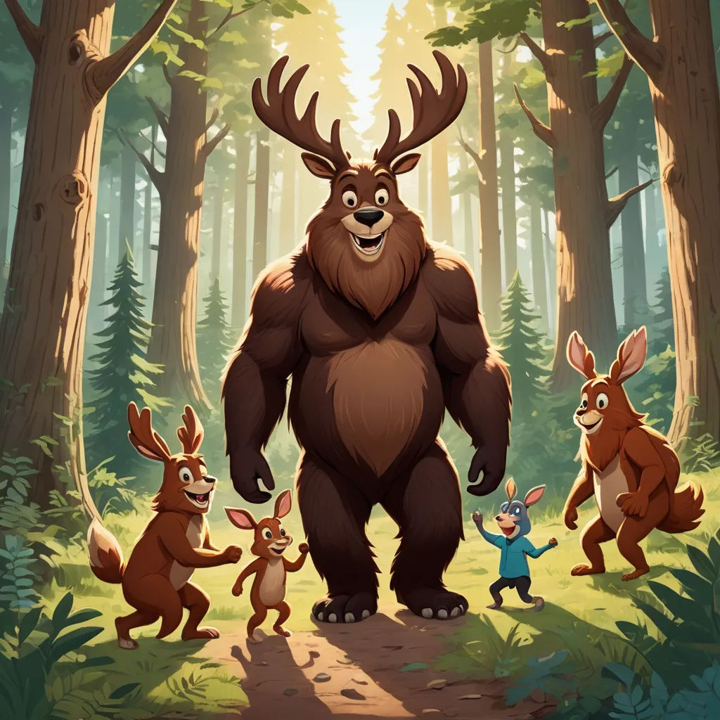 a big bear surrounded by other animals in a forest with trees and grass in the background, with a little boy standing in the foreground, furry art, a storybook illustration, Chris LaBrooy, promotional image