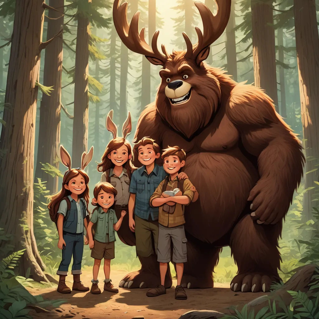 a family of four standing in front of a giant bear in the woods with a forest background and a forest scene, furry art, a storybook illustration, Diego Gisbert Llorens, official art