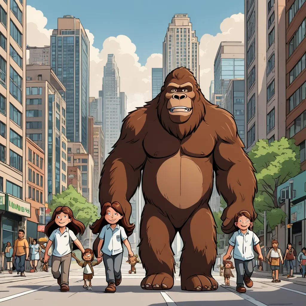 a bigfoot walking down a city street with two children on it's back and a woman walking behind it, furry art, a storybook illustration, Chris LaBrooy, promotional image