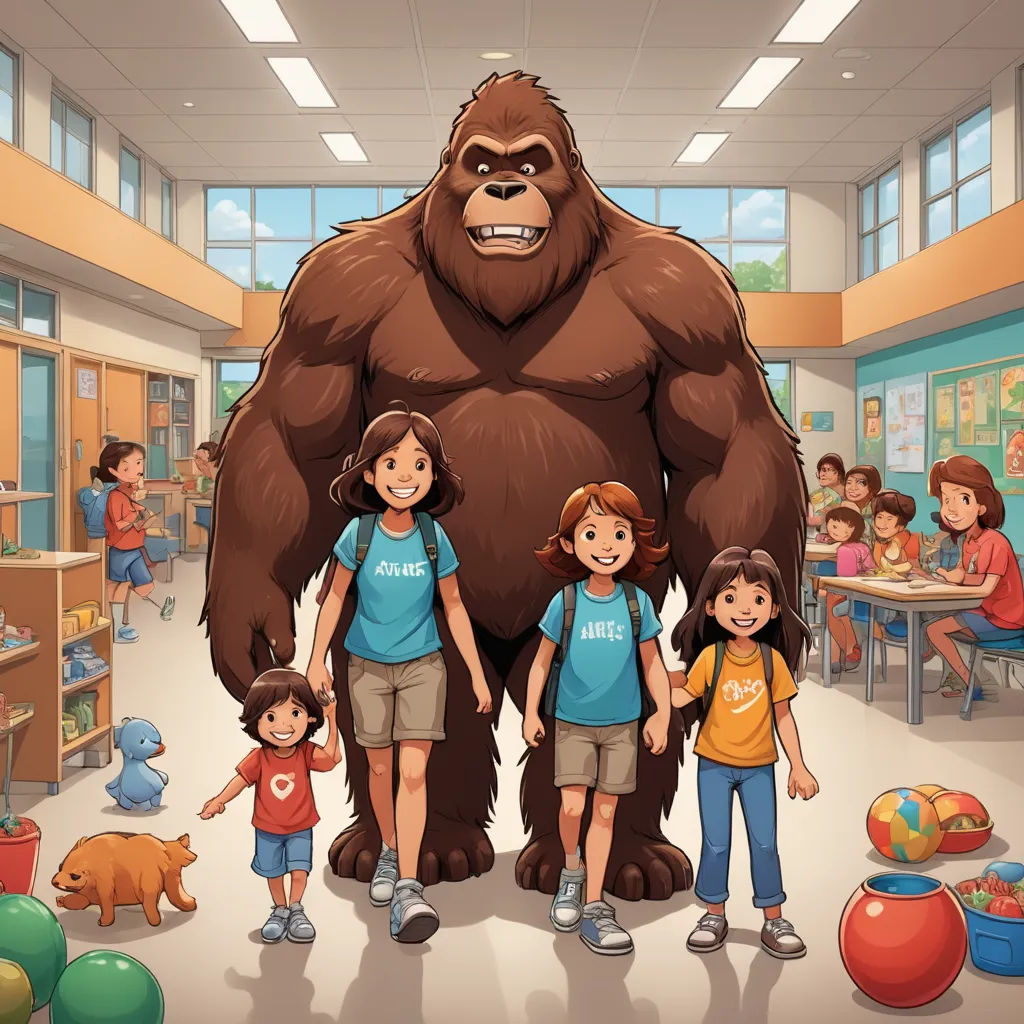 a bigfoot standing in a classroom with children around it and a teacher in the background with a book, furry art, a storybook illustration, Chris LaBrooy, promotional image
