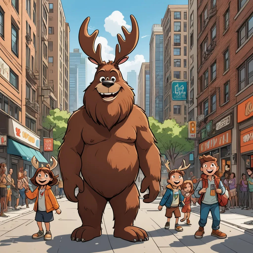 a cartoon of a bigfoot standing in the middle of a street with people walking by it and buildings, furry art, a storybook illustration, Chris LaBrooy, official art