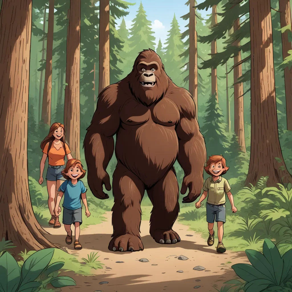 a bigfoot standing in the middle of a forest with two children and a man walking behind it with a woman and a child, furry art, a storybook illustration, Chris LaBrooy, promotional image