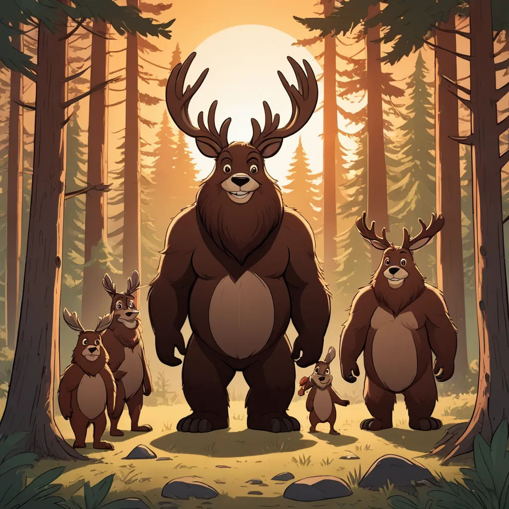 a group of animals standing in the middle of a forest with a sun in the background and trees in the foreground, furry art, an album cover, Chris LaBrooy, leesha hannigan
