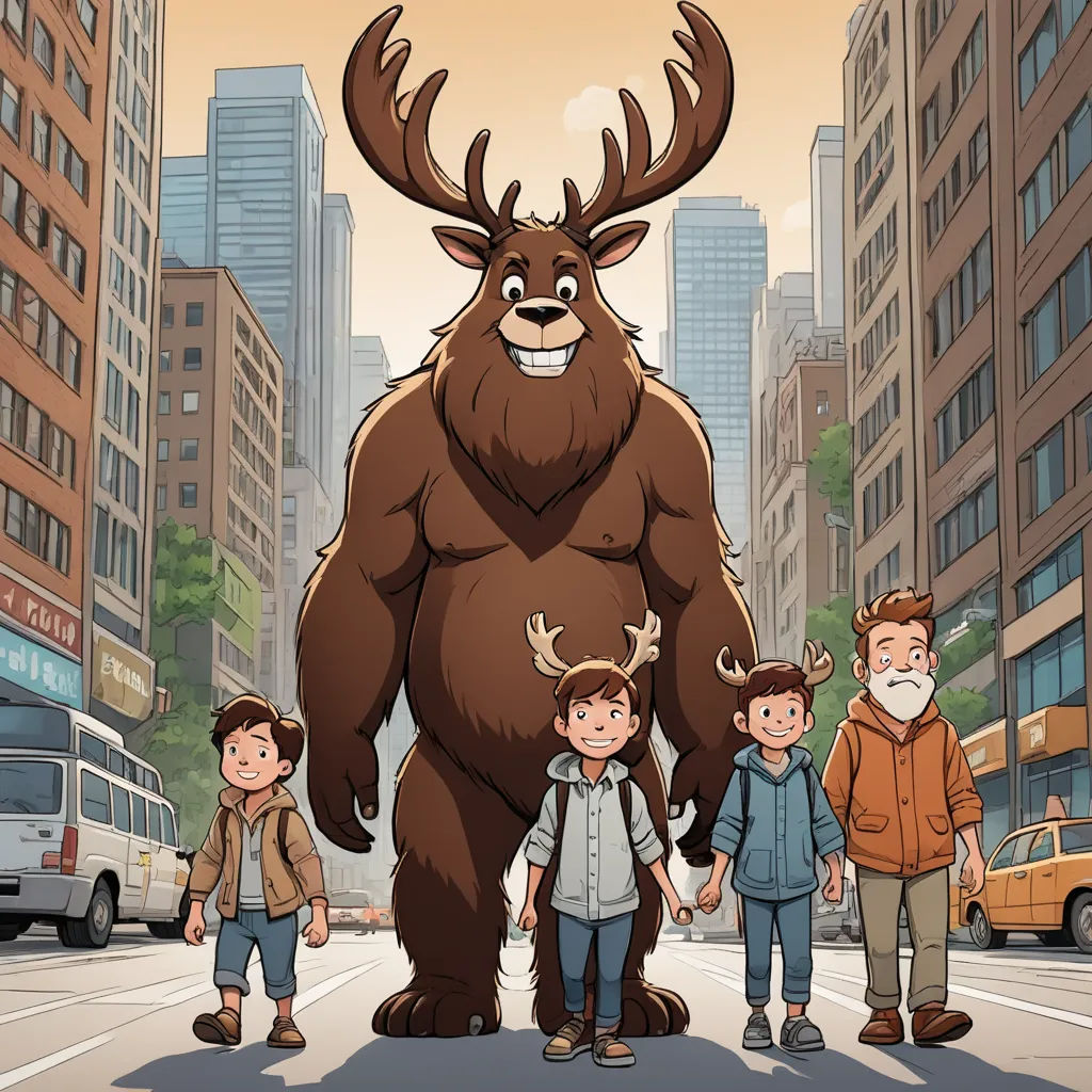 a group of people standing in front of a bigfoot in a city street with tall buildings in the background, furry art, a storybook illustration, Diego Gisbert Llorens, promotional image