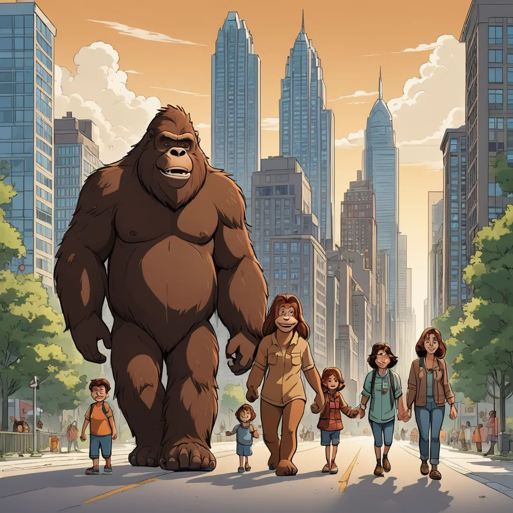 a bigfoot walking down a street with people walking by it and a city in the background with skyscrapers, furry art, a poster, Chris LaBrooy, promotional image
