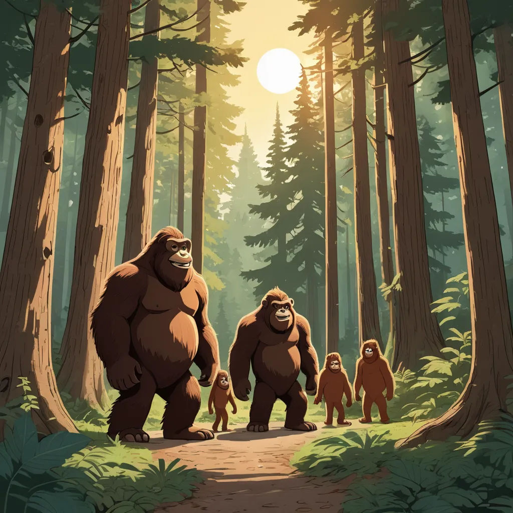 a group of bigfoots walking through a forest with a sun in the background and trees in the foreground, primitivism, a storybook illustration, Chris LaBrooy, promotional image
