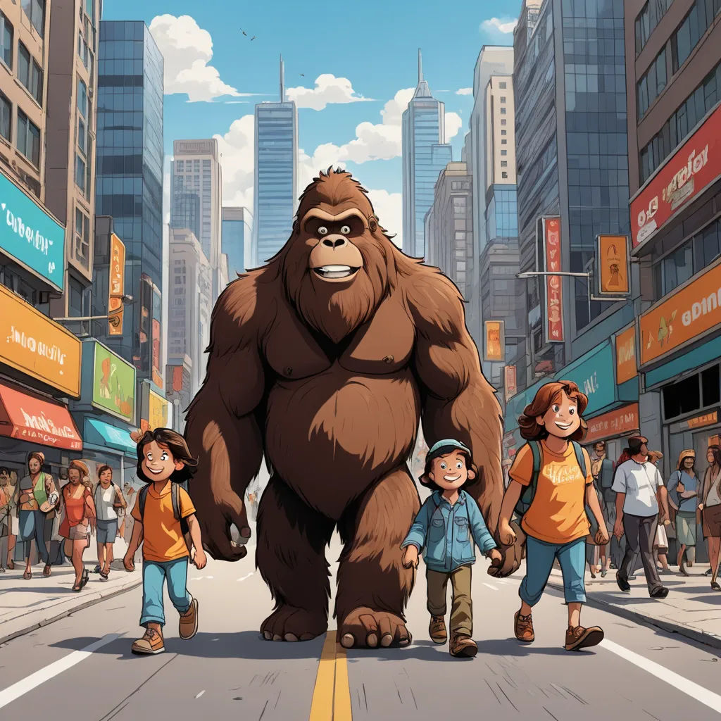a bigfoot walking down a street with people walking by it and a city in the background with tall buildings, furry art, poster art, Chris LaBrooy, promotional image