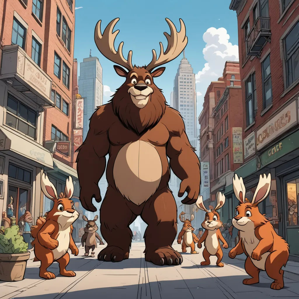 a cartoon of a bigfoot surrounded by other animals in a city street with buildings in the background and a sky background, furry art, concept art, Chris LaBrooy, promotional image