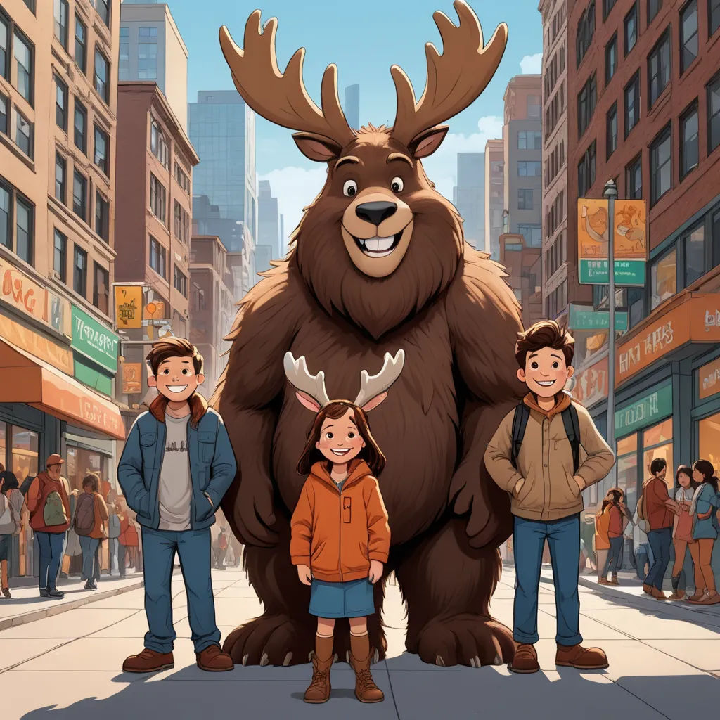 a family standing in front of a giant bear in a city street with people standing around it and a man in a brown jacket, furry art, a poster, Diego Gisbert Llorens, promotional image