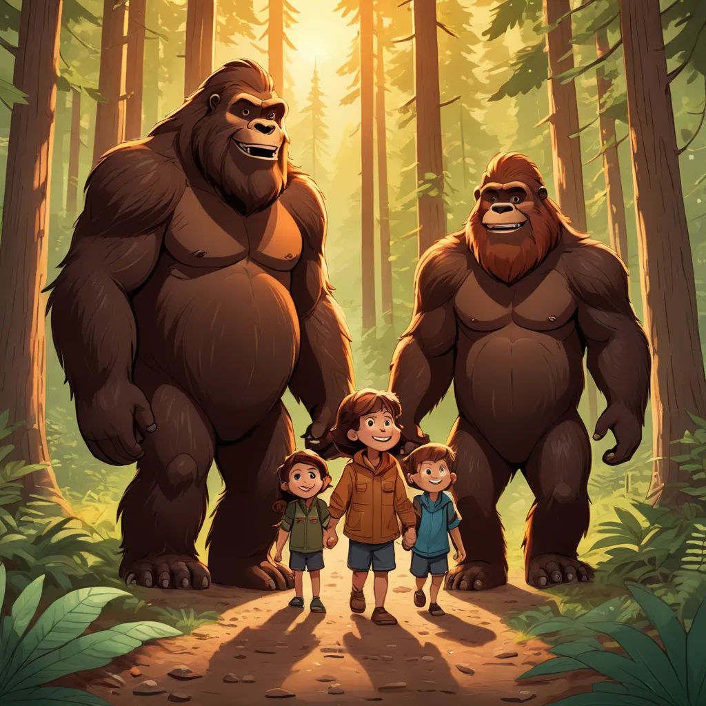 a family of three standing in front of a bigfoot in the forest with the sun shining through the trees, furry art, a storybook illustration, Chris LaBrooy, promotional image