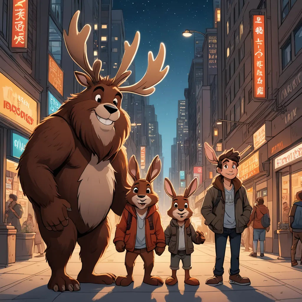 a man and two children standing in front of a cartoon character of a deer and a deer - like animal, furry art, a storybook illustration, Chris LaBrooy, official art