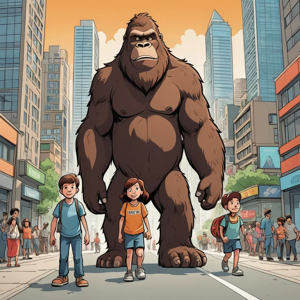 a bigfoot standing in the middle of a street with a group of people standing around it and a man standing next to it, private press, a poster, Diego Gisbert Llorens, promotional image