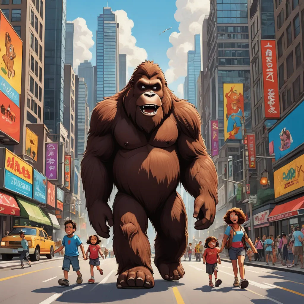 a bigfoot walking down a city street with people walking by it and a man in a gorilla suit, furry art, a storybook illustration, Chris LaBrooy, pixar and disney animation