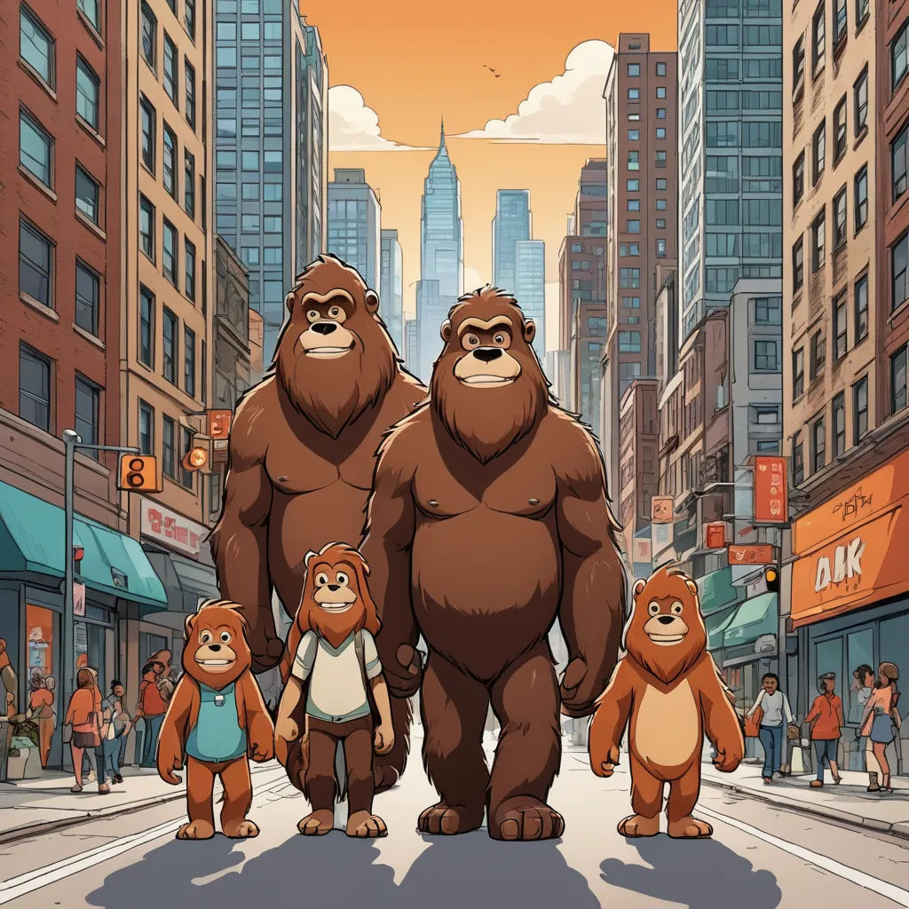 a group of bigfoots are walking down the street in a city with tall buildings and people walking by, furry art, a poster, Chris LaBrooy, promotional image