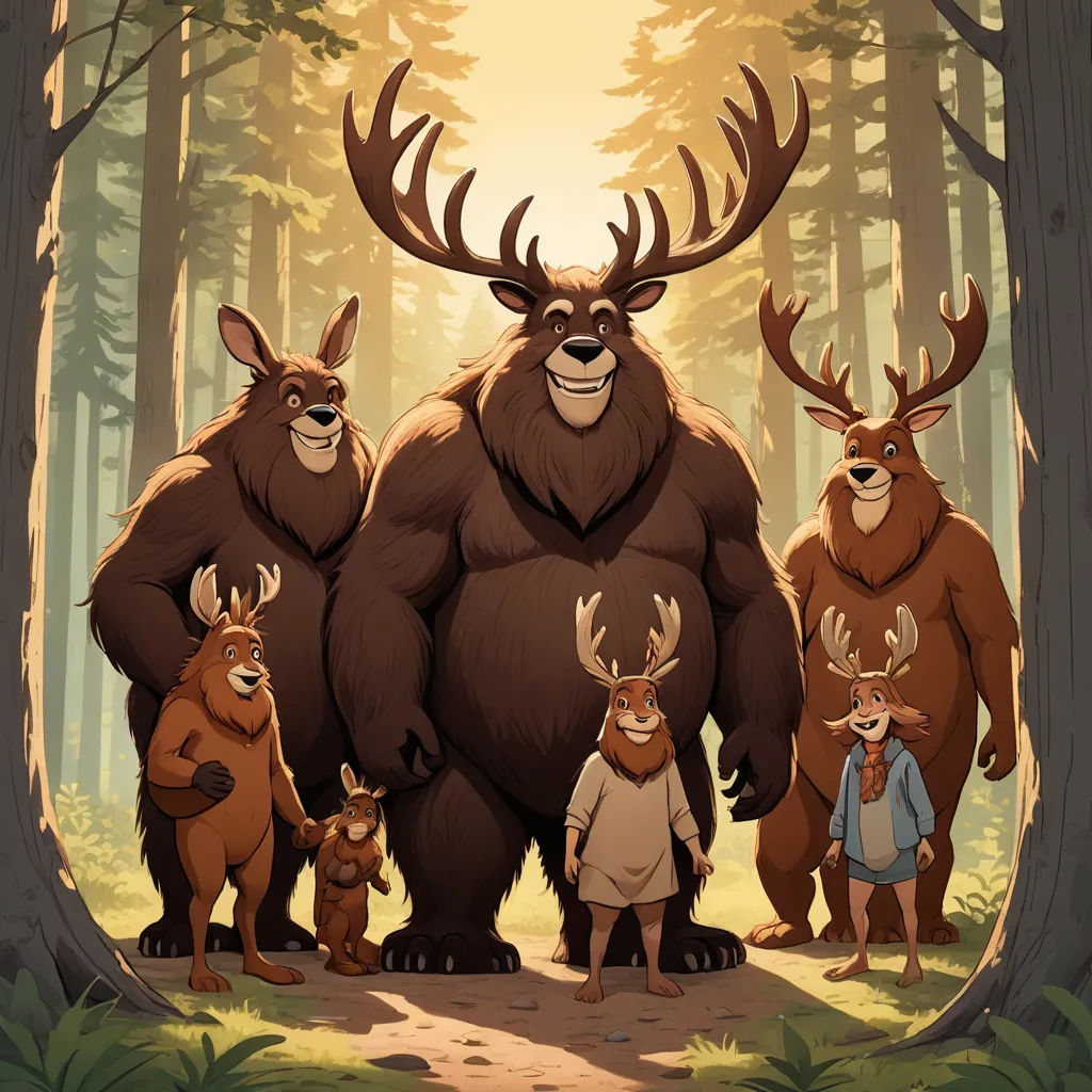 a group of animals standing next to each other in a forest with trees and grass on the ground and a man standing in the middle of the picture, furry art, a storybook illustration, Chris LaBrooy, official art