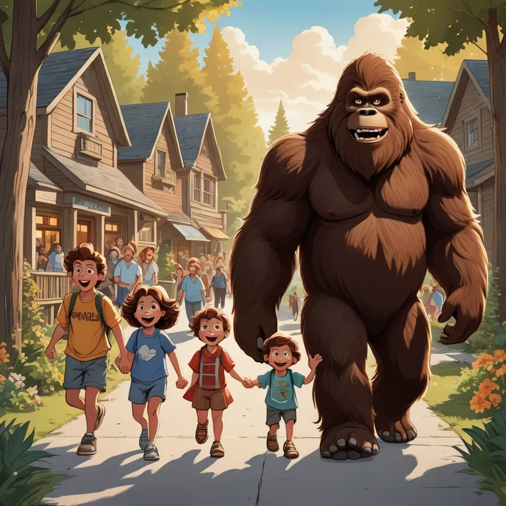 a group of people walking down a street next to a bigfoot standing in front of a house with a group of people, furry art, a storybook illustration, Chris LaBrooy, official art