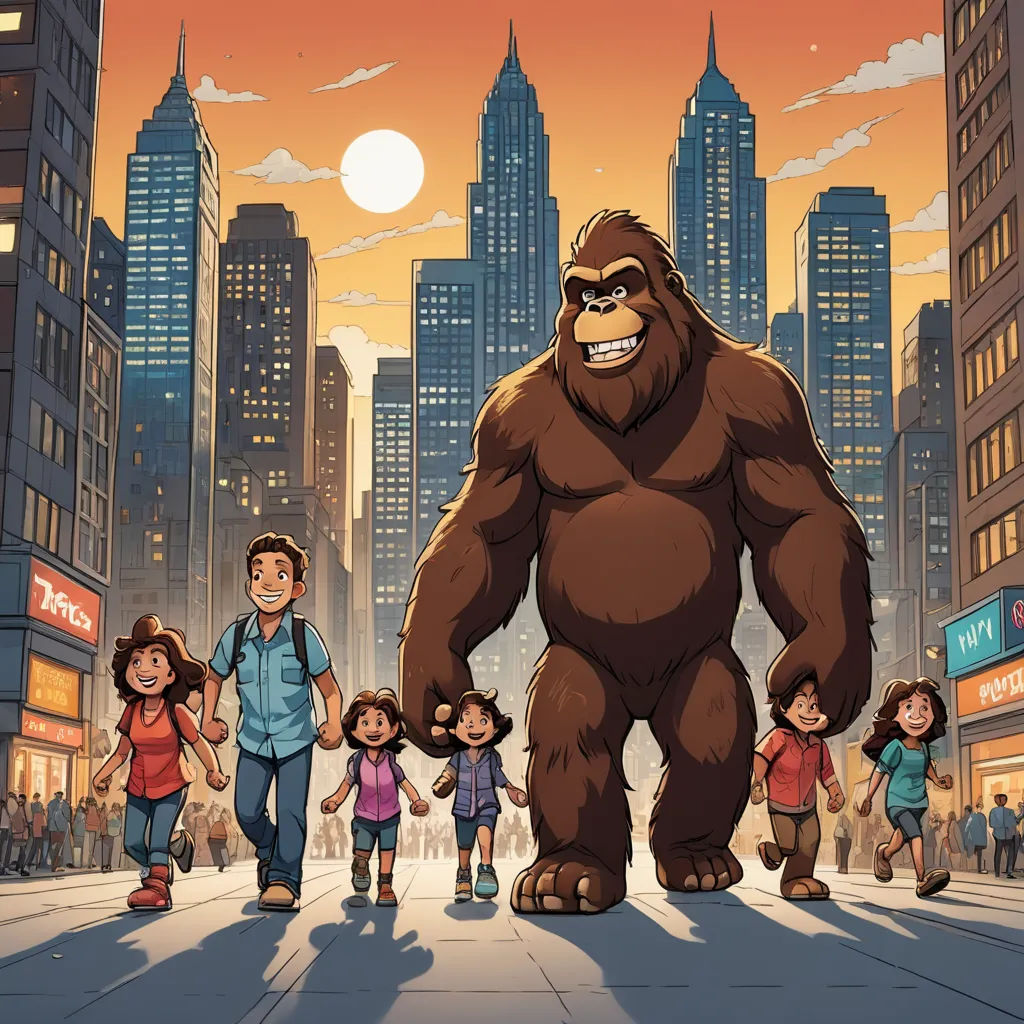 a bigfoot standing in the middle of a city with people walking by it and a giantfoot standing in the middle of the street, sumatraism, a storybook illustration, Chris LaBrooy, promotional image