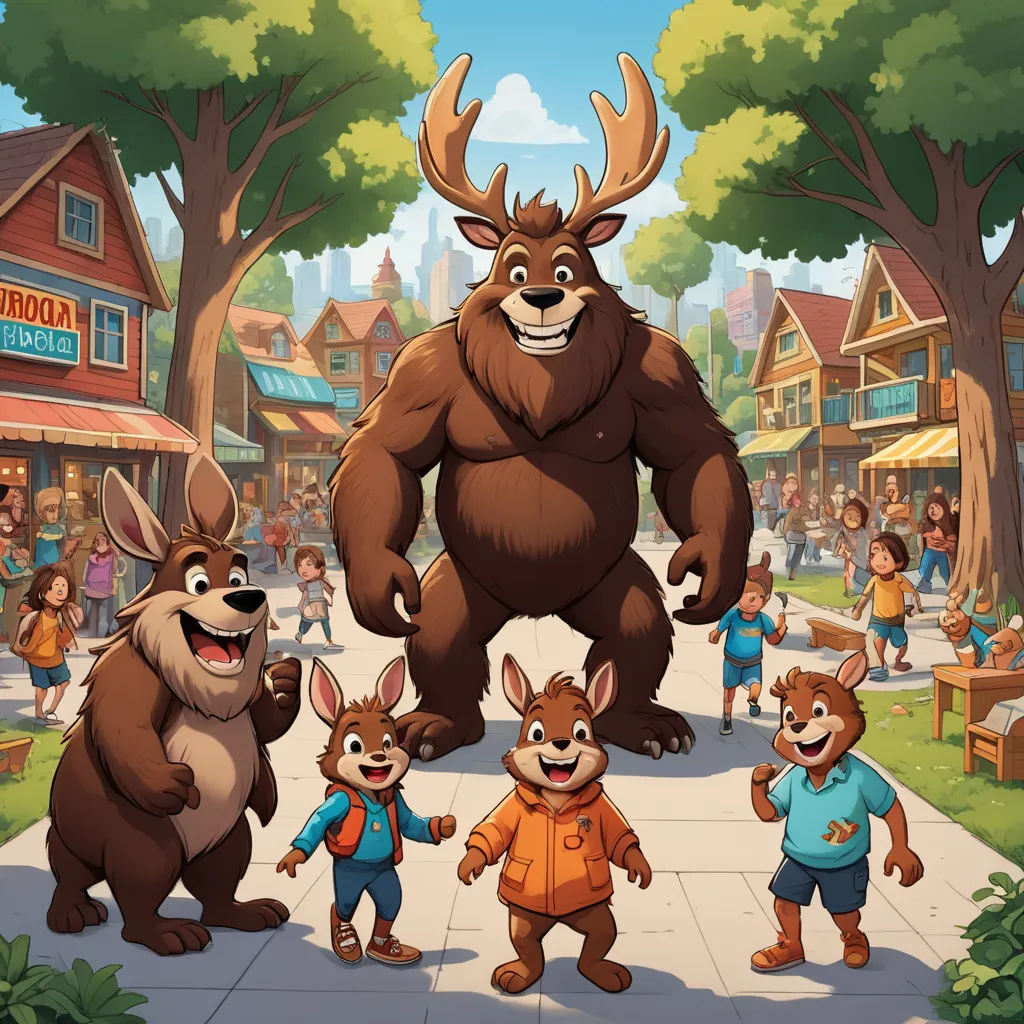 a group of animals standing on a sidewalk in front of a building with a sign that says koala, furry art, a storybook illustration, Chris LaBrooy, promotional image