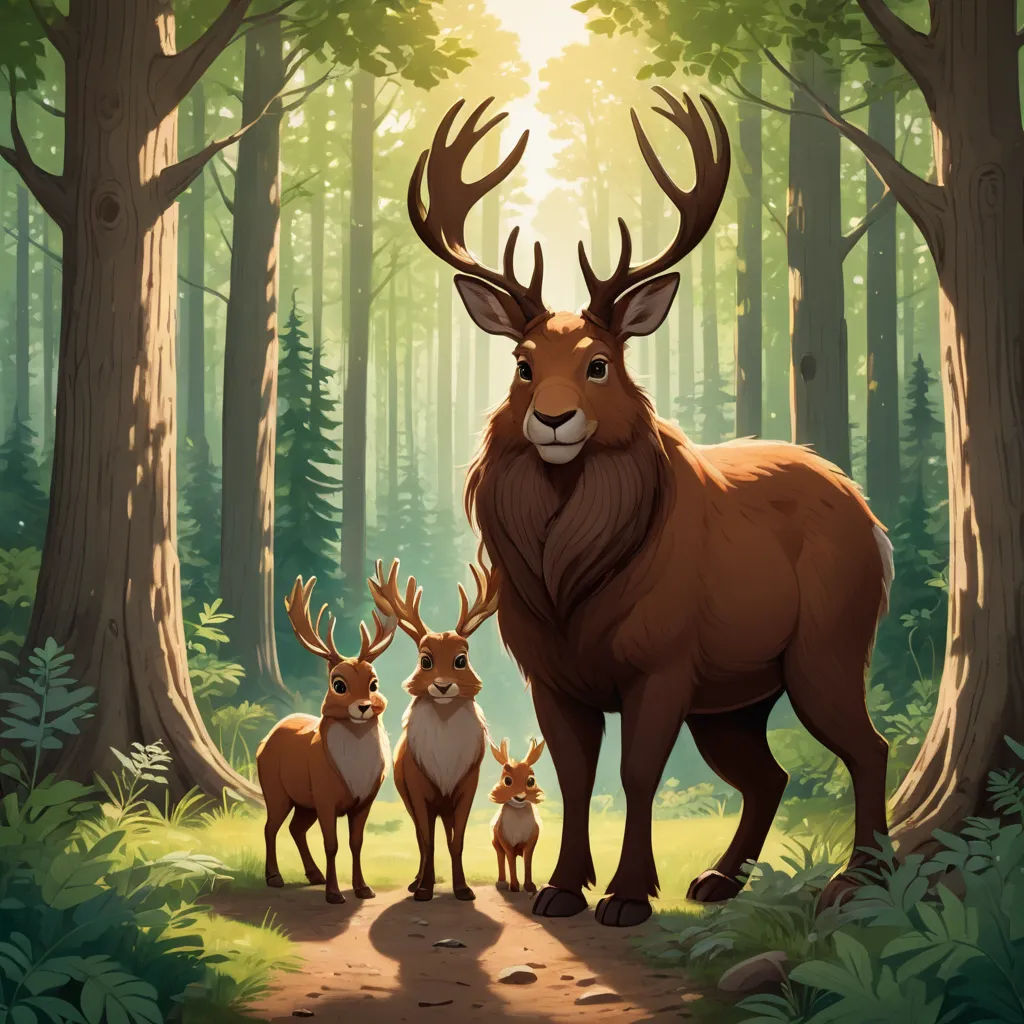 a deer and two deer cubs standing in a forest with trees and grass on the ground, with the sun shining through the trees, furry art, a storybook illustration, Chris LaBrooy, official art