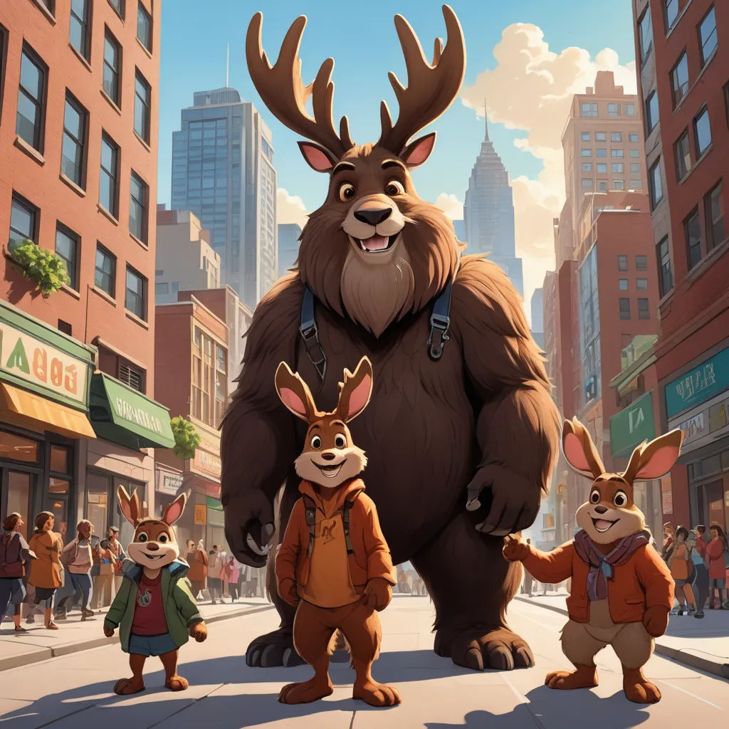 a group of animated animals standing on a street next to tall buildings and buildings with people walking by them, furry art, concept art, Chris LaBrooy, promotional image