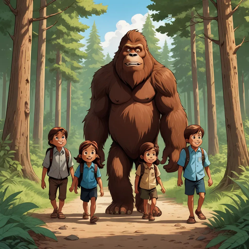 a group of children walking down a forest path with a bigfoot in the background of the picture,, furry art, a storybook illustration, Chris LaBrooy, promotional image