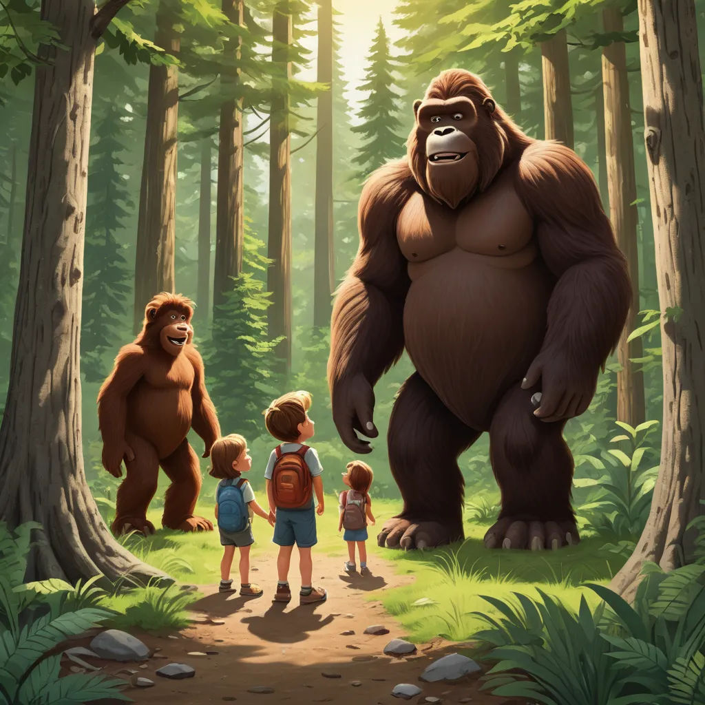 a group of people standing in front of a bigfoot in the forest with a child standing next to it, sots art, a storybook illustration, Chris LaBrooy, promotional image
