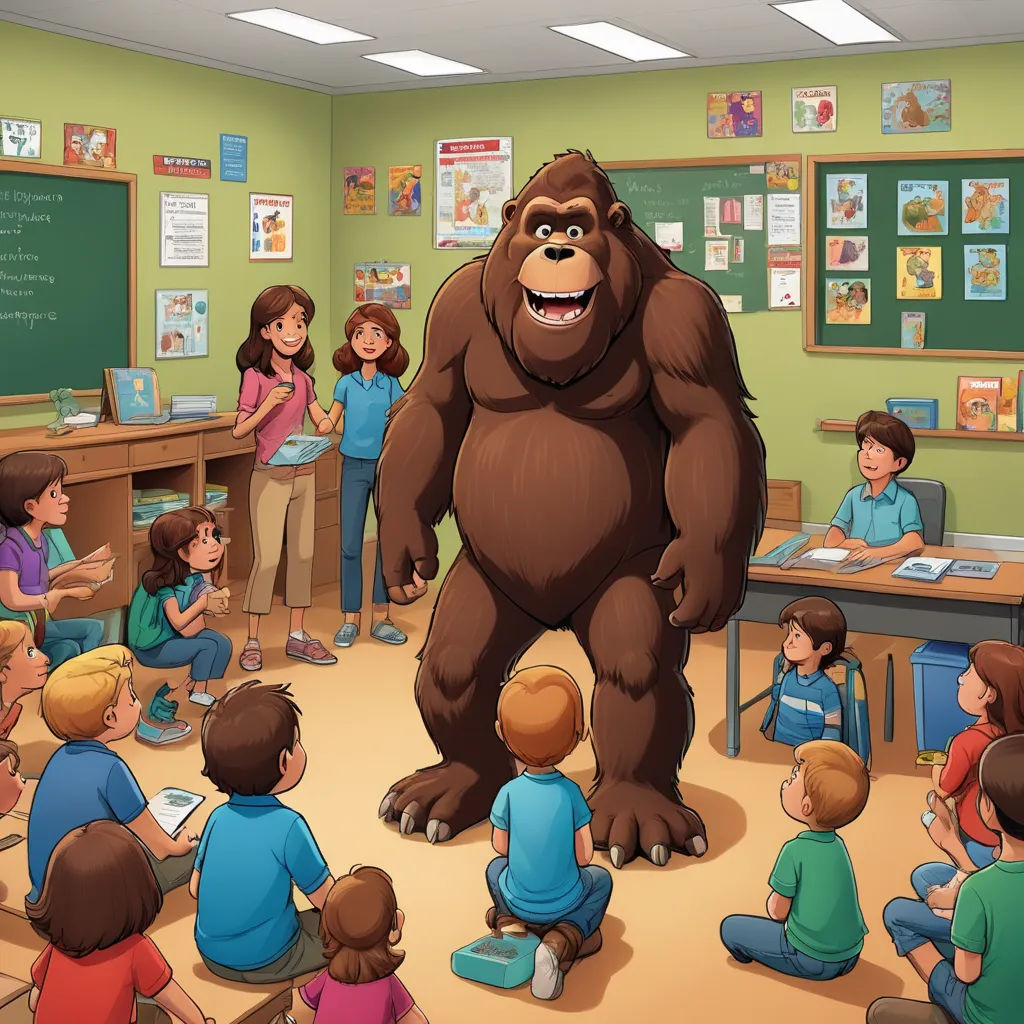 a large gorilla standing in front of a classroom full of children sitting on the floor and standing around him, furry art, a storybook illustration, Alex Petruk APe, furaffinity