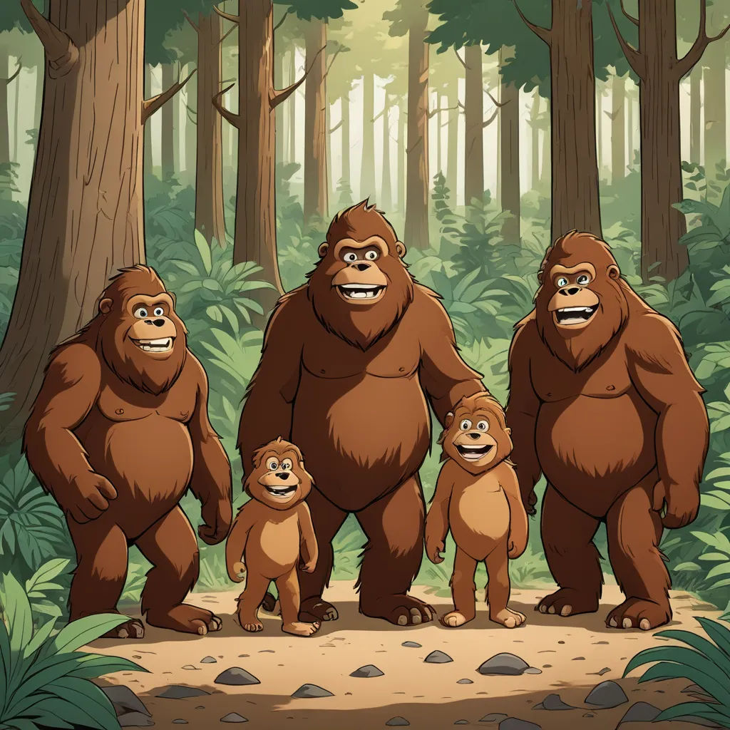 a group of bigfoots standing in the forest together with their babies in front of them, all looking at the camera, sumatraism, an illustration of, Chris LaBrooy, official art